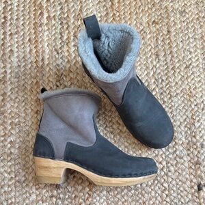 No. 6 Clogs 40 5" Pull on Shearling Clog Boot Grey Suede Wood Sole